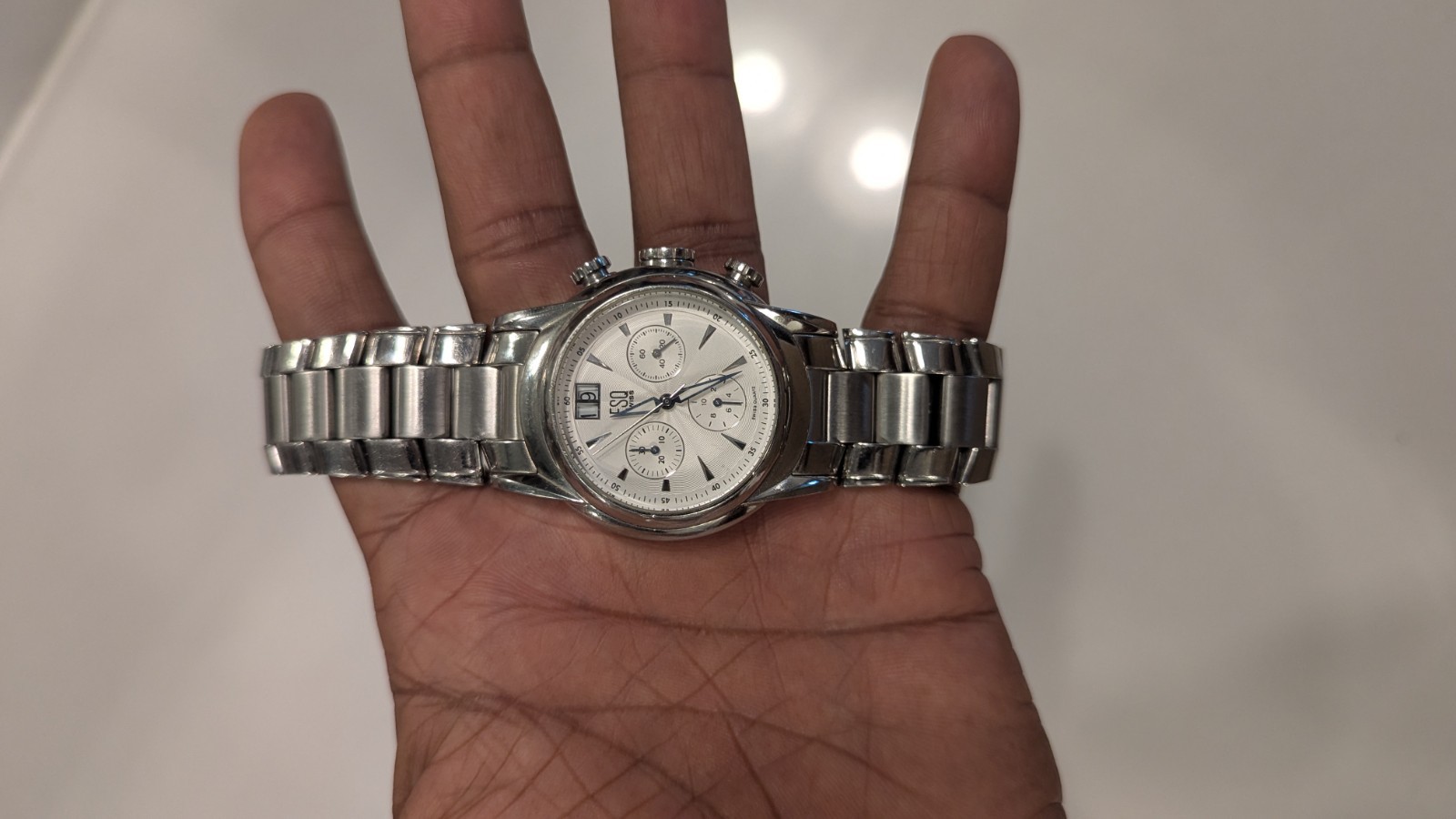 ESQ Swiss Men’s Quartz Chronograph Date Watch Silver Dial SS Bracelet 30m
