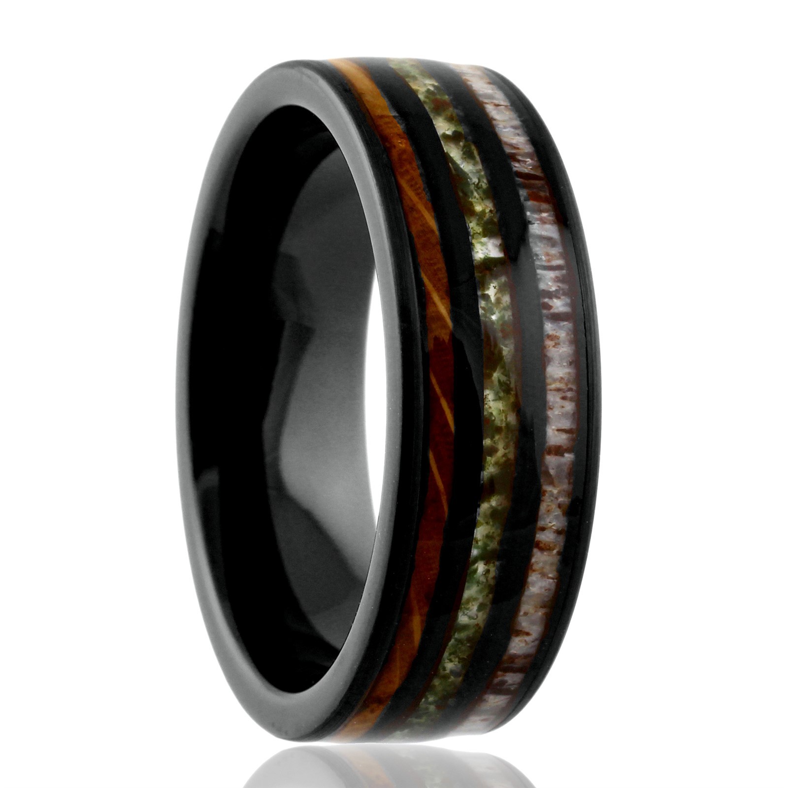 Black Tungsten Carbide Moss Agate Deer Antler Whiskey Barrel Band Ring