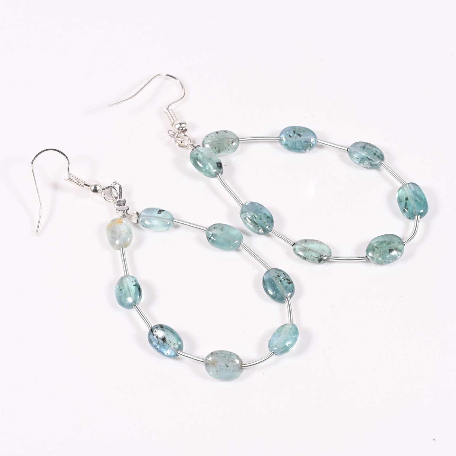 Natural Aqua Kyanite Oval Dangle Earrings Handmade Tumbled Gemstone