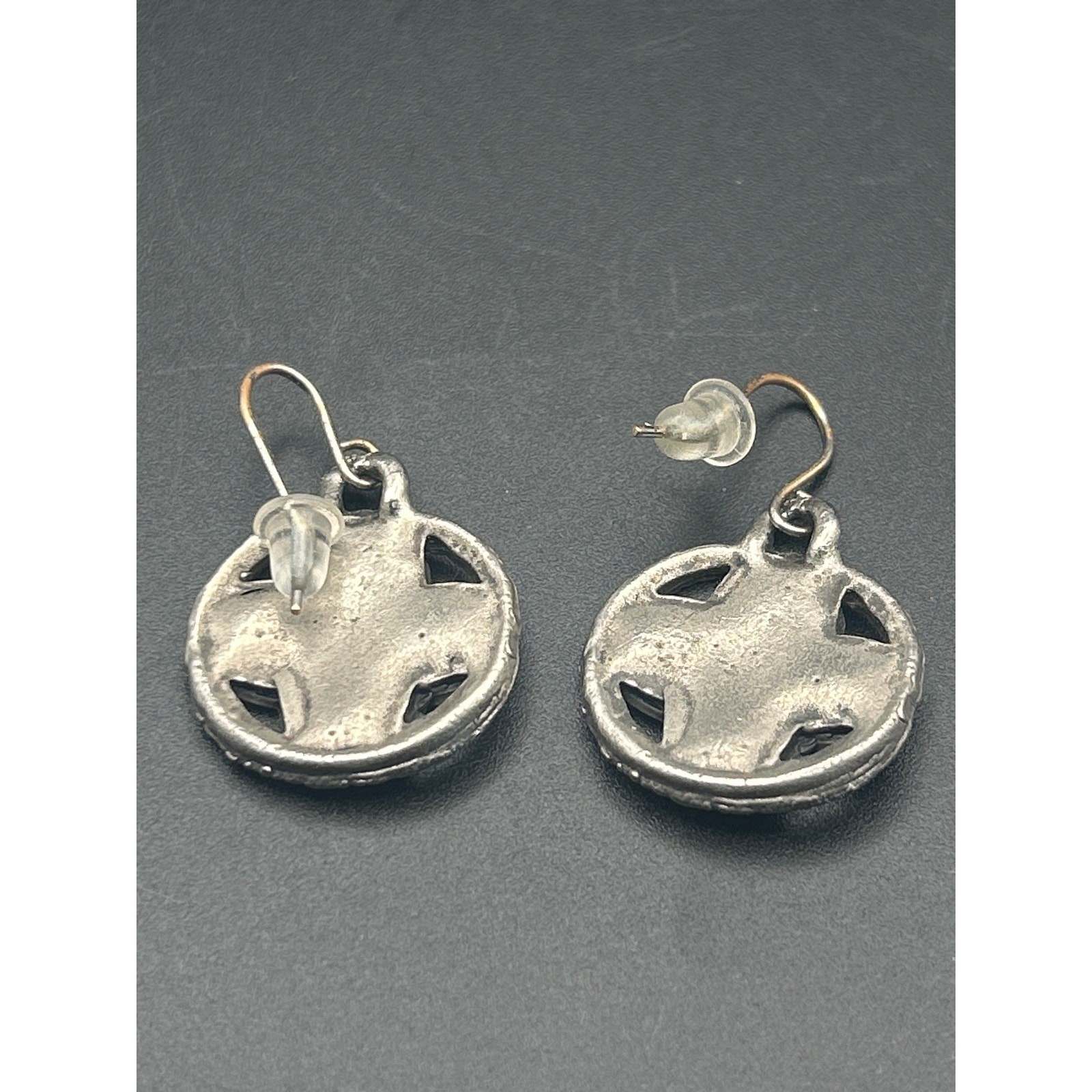 Vintage Silver Tone SE Asian Style Embossed Floral Disc Dangle Earrings