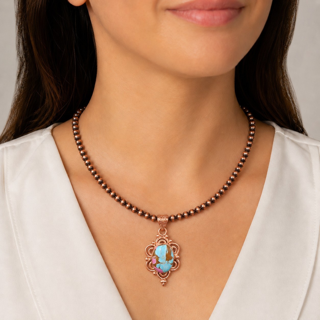 Solid Copper Navajo Desert Pearl Necklace 5mm Oxidized Beads 17-19″ Southwestern