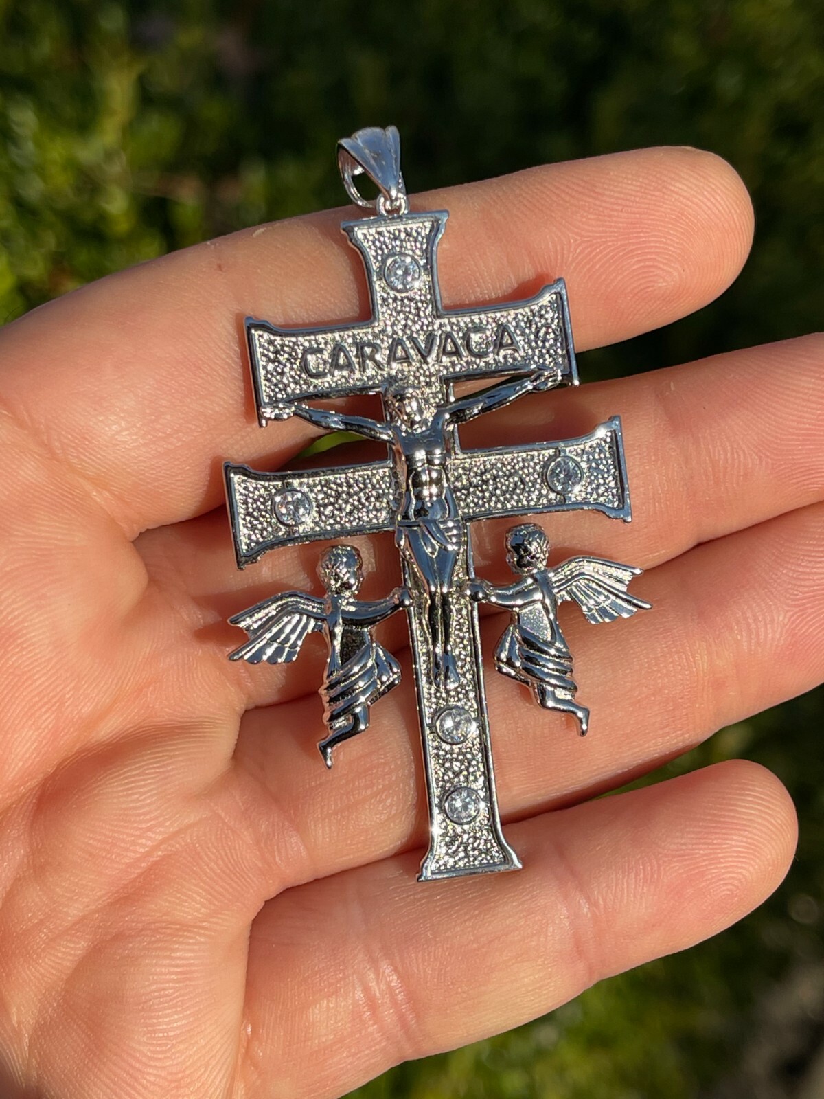 Real Solid Sterling 925 Silver Caravaca Cross Double Crucifix Mens LARGE 2.5″