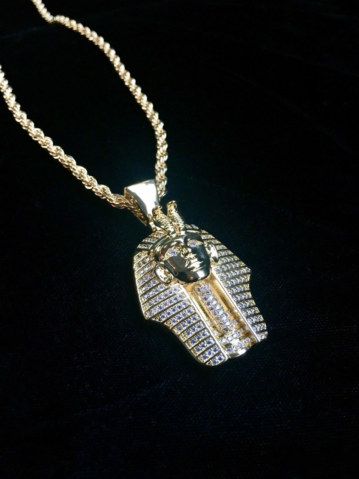 18K GOLD ROPE 24” CHAIN EGYPTIAN PHARAOH LAB DIAMONDS NECKLACE **MADE IN ITALY**