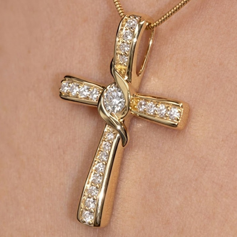 0.93 CT Round Moissanite Bezel Set Cross Pendant No Chain 14k Yellow Gold Plated