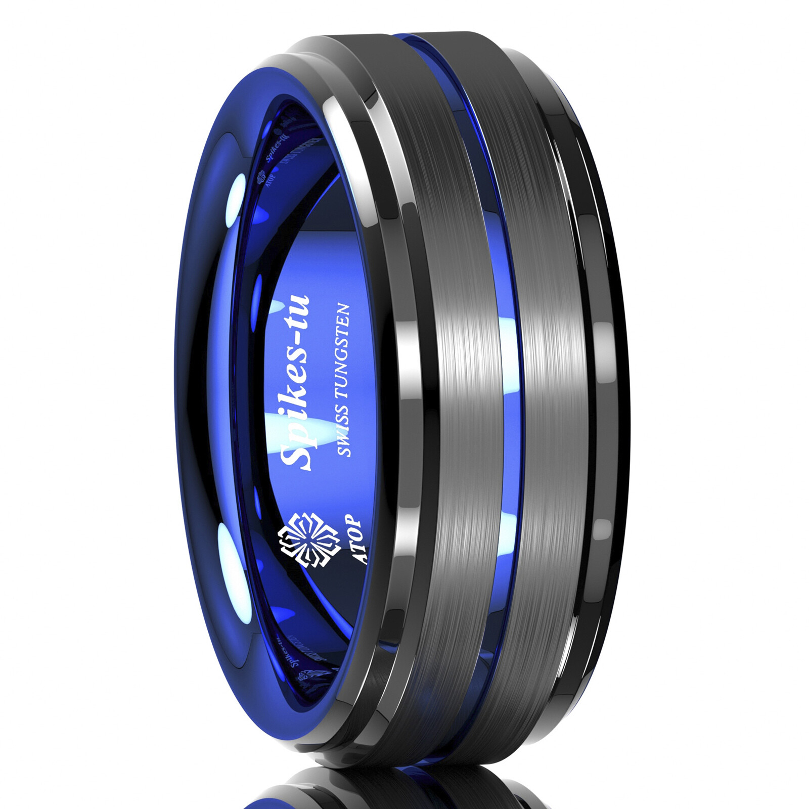 8mm Black Brushed Ladder Edge Tungsten Ring BLue Stripe ATOP Mens Wedding Band