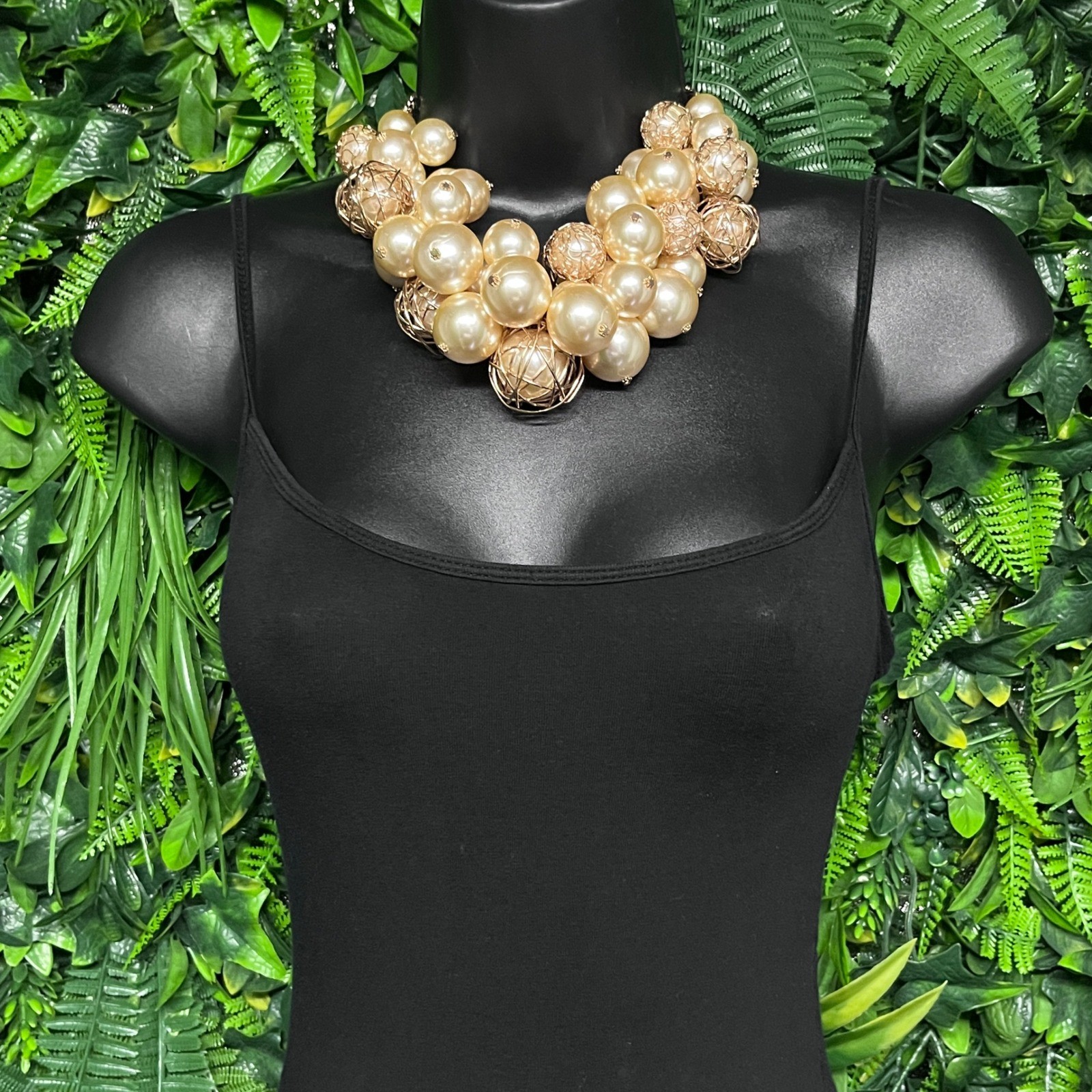 Statement Bib Necklace Gold Tone Champagne Faux Pearl Cluster Wire Cage 3979
