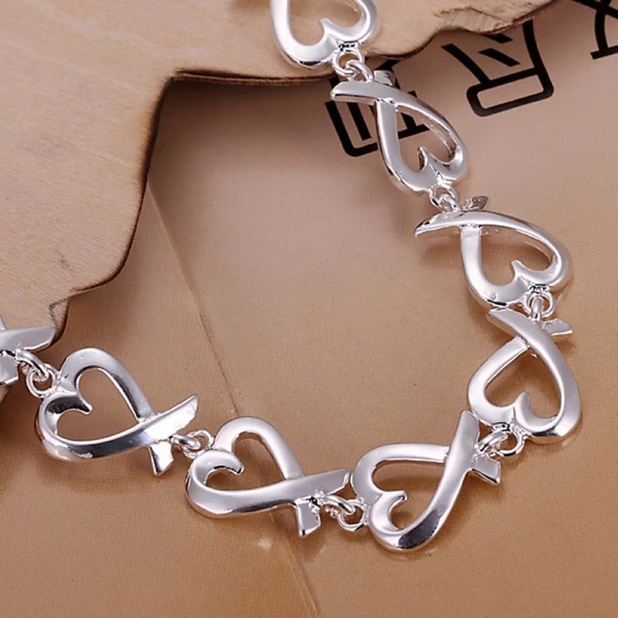 925 Sterling Silver Charm Heart Thick Chain Women Bracelet Fashion Jewelry