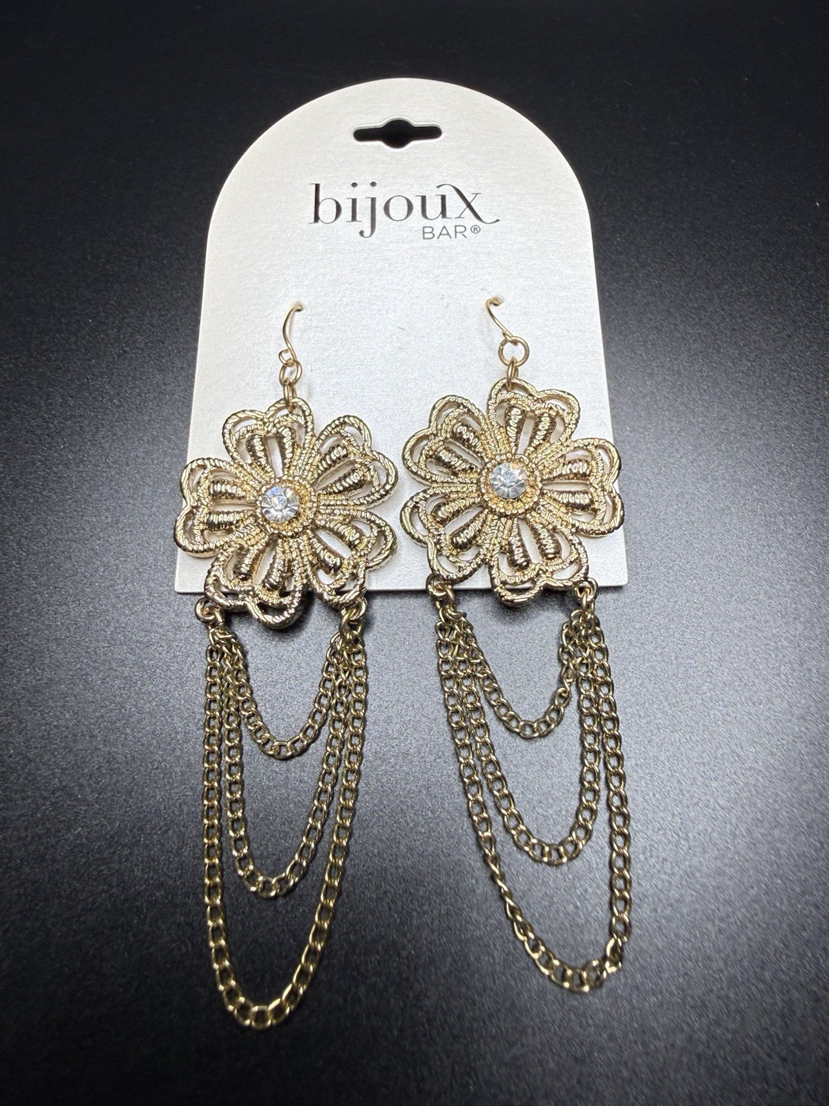 Bijoux Bar Gold Tone Flower Dangle Drop Hook Earrings Clear Round Crystal
