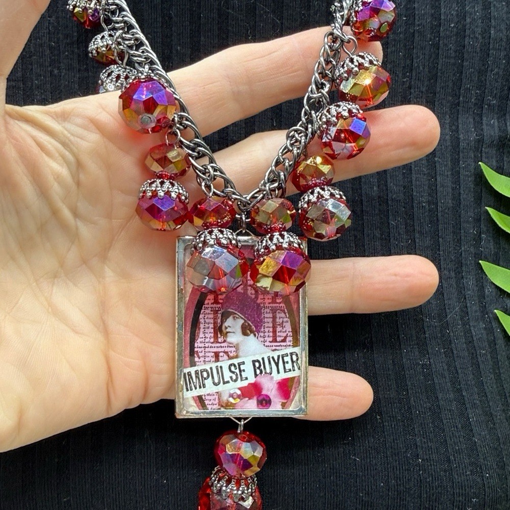 Adorned Crown Jewelry assemblage bauble bead Impulse buyer glass bezel necklace