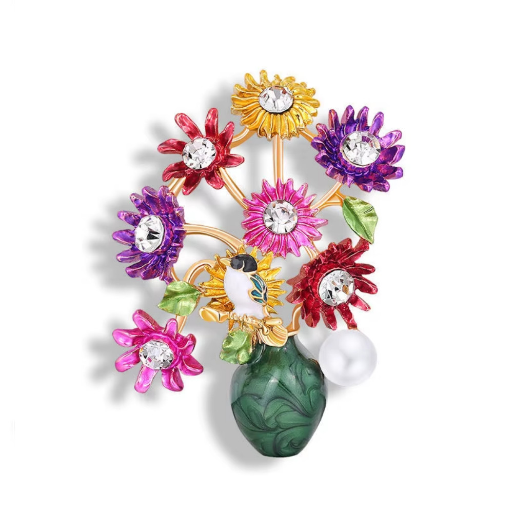 Sparkly Crystal Rhinestone Flower Basket Brooch Bird Gold Pin Mother’s Day Gift