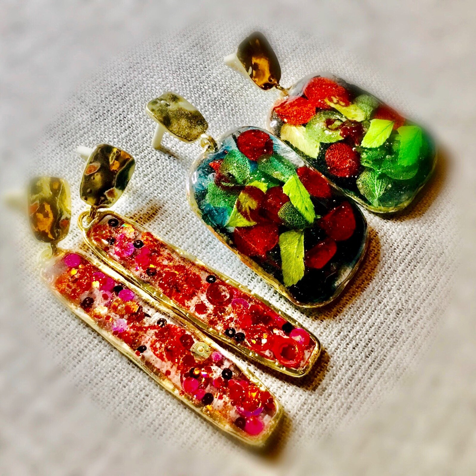 Flamingo Drop Earrings with Real Flowers, Colorful Confetti Earrings set of 2