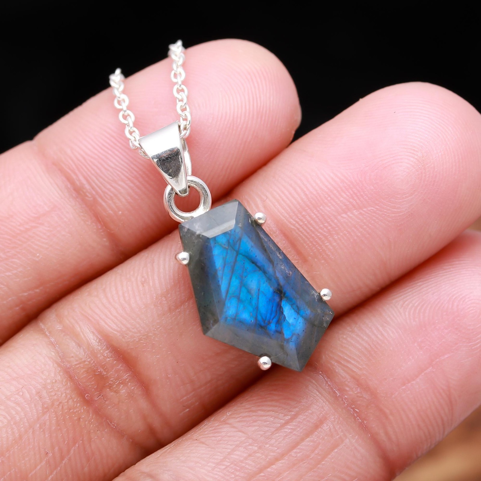 Natural Labradorite Shield Chain Necklace 925 Sterling Silver Designer Jewelry