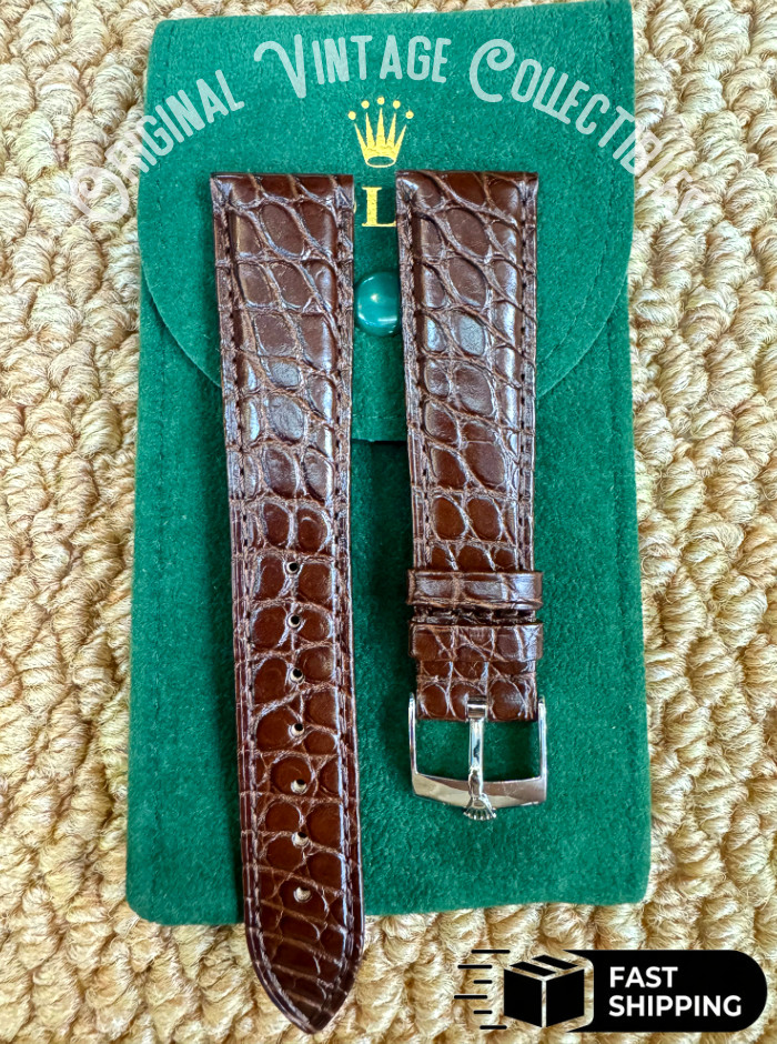 Rolex Brown Crocodile Leather Band 20mm With Silver 𝐑𝐎𝐋𝐄𝐗 Buckle Crown NOS