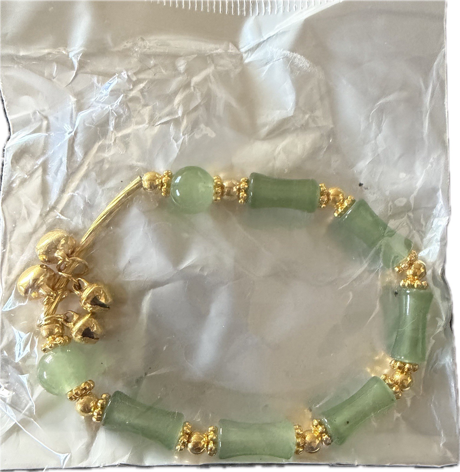 Jade Bamboo Gold Tone Beaded Bracelet Women Size 7” Adjustable Safety Chain