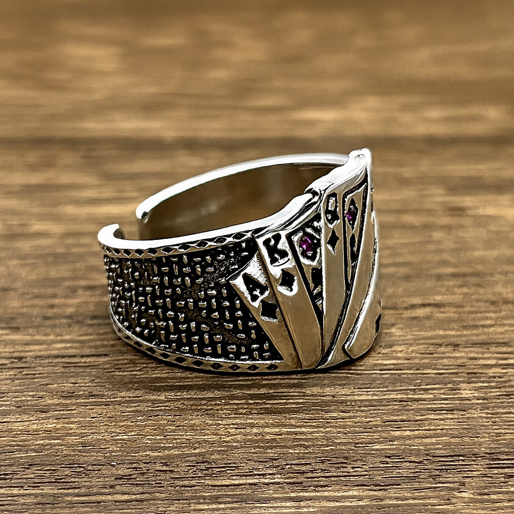 Mens 925 Silver Ring Royal Flush Playing Card Poker Sterling Adjustable Resizeab