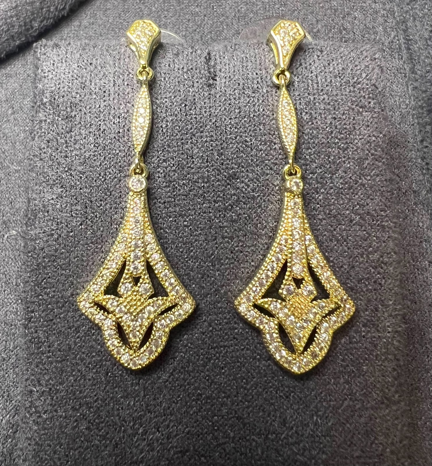 Vintage Gold Tone Zircon Drop Earrings Elegant Dangle Bridal Party Statement Gif