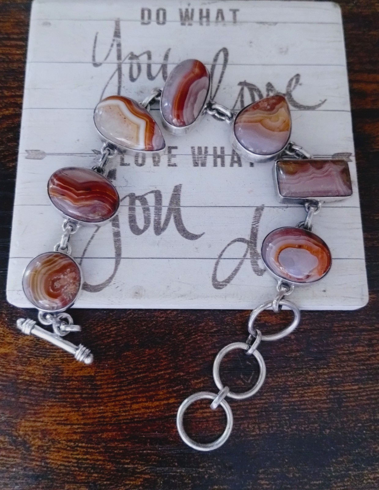 Natural SJ Red Banded Agate Stone Sterling Silver Sajen Toggle Bracelet 7-9in