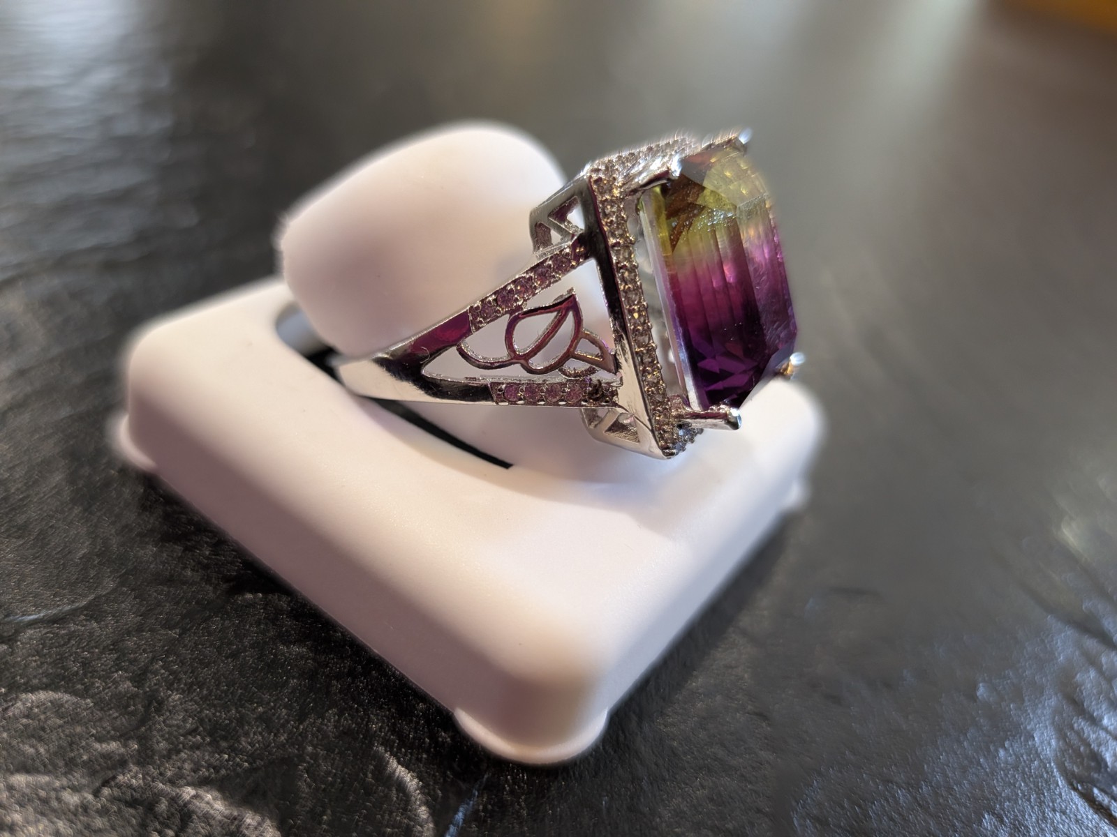 S925 Halo Cocktail Ring Size 11 Emerald-Cut Multicolor Rectangle Stone