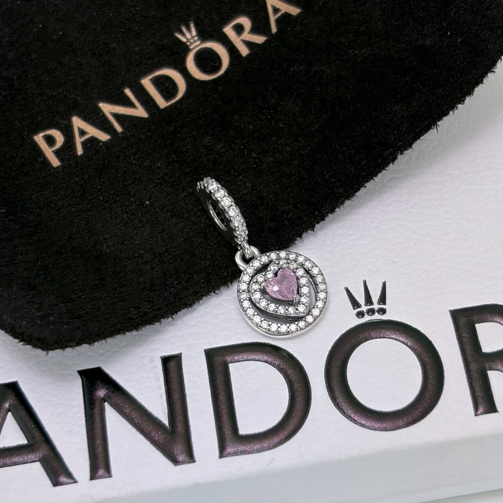 PANDORA Sparkling Double Halo Heart Dangle Charm, #791476C01, Valentine’s Gift