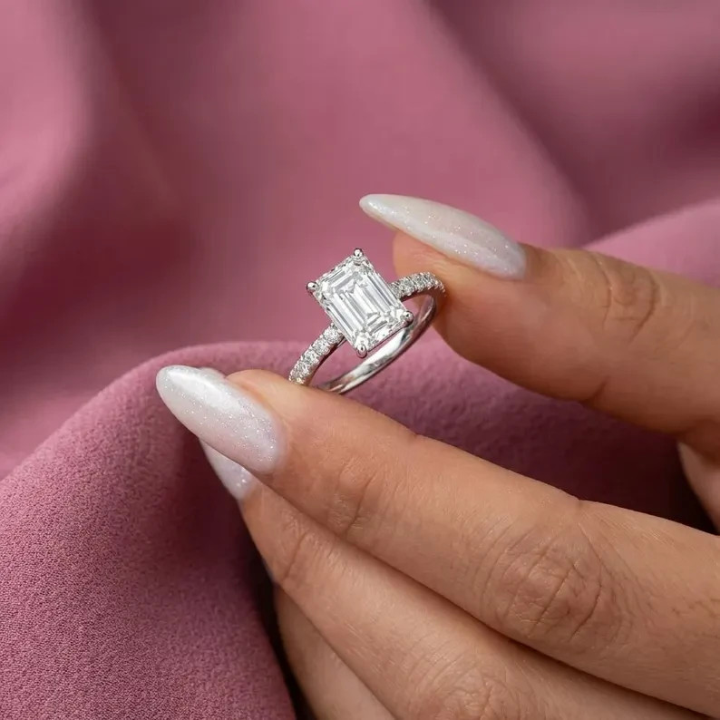Best Offer For Engagement Ring ! Emerald Cut Lab Grown Diamond 14k White Gold
