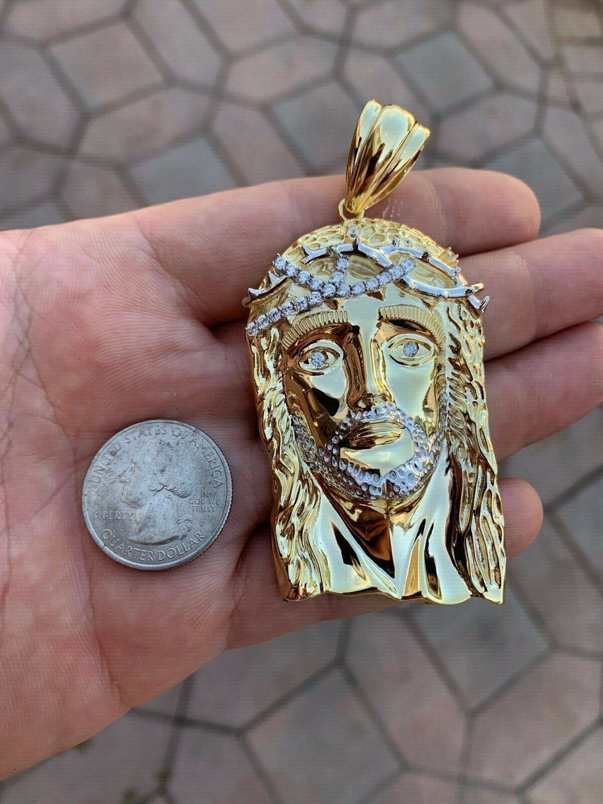 Solid 925 Silver 14k Gold Plated Jesus Piece ITALY Necklace HIP HOP Real Iced
