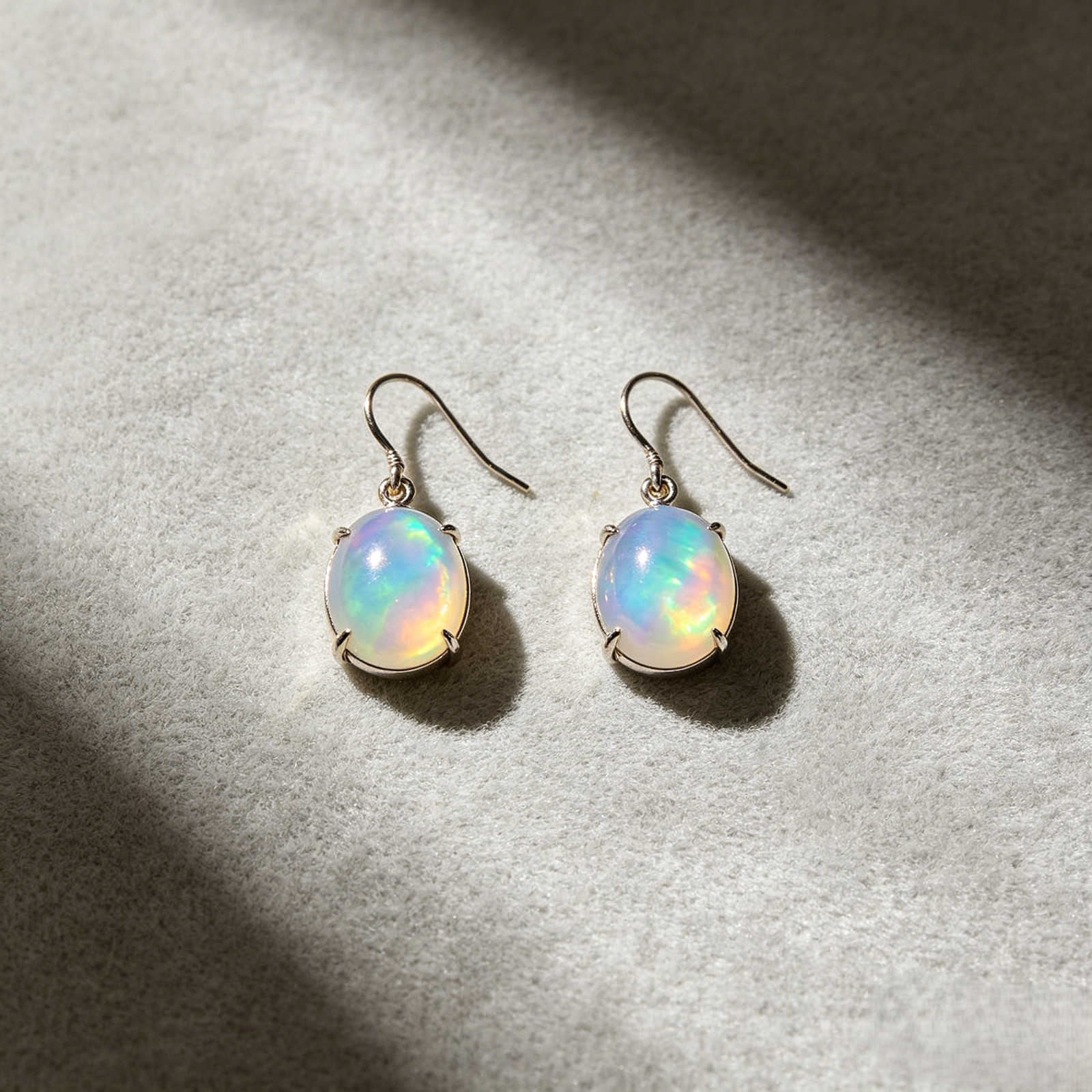 White Opal Dangle Earrings – Sterling Silver Plated Oval Fire Opal Drop Earrings