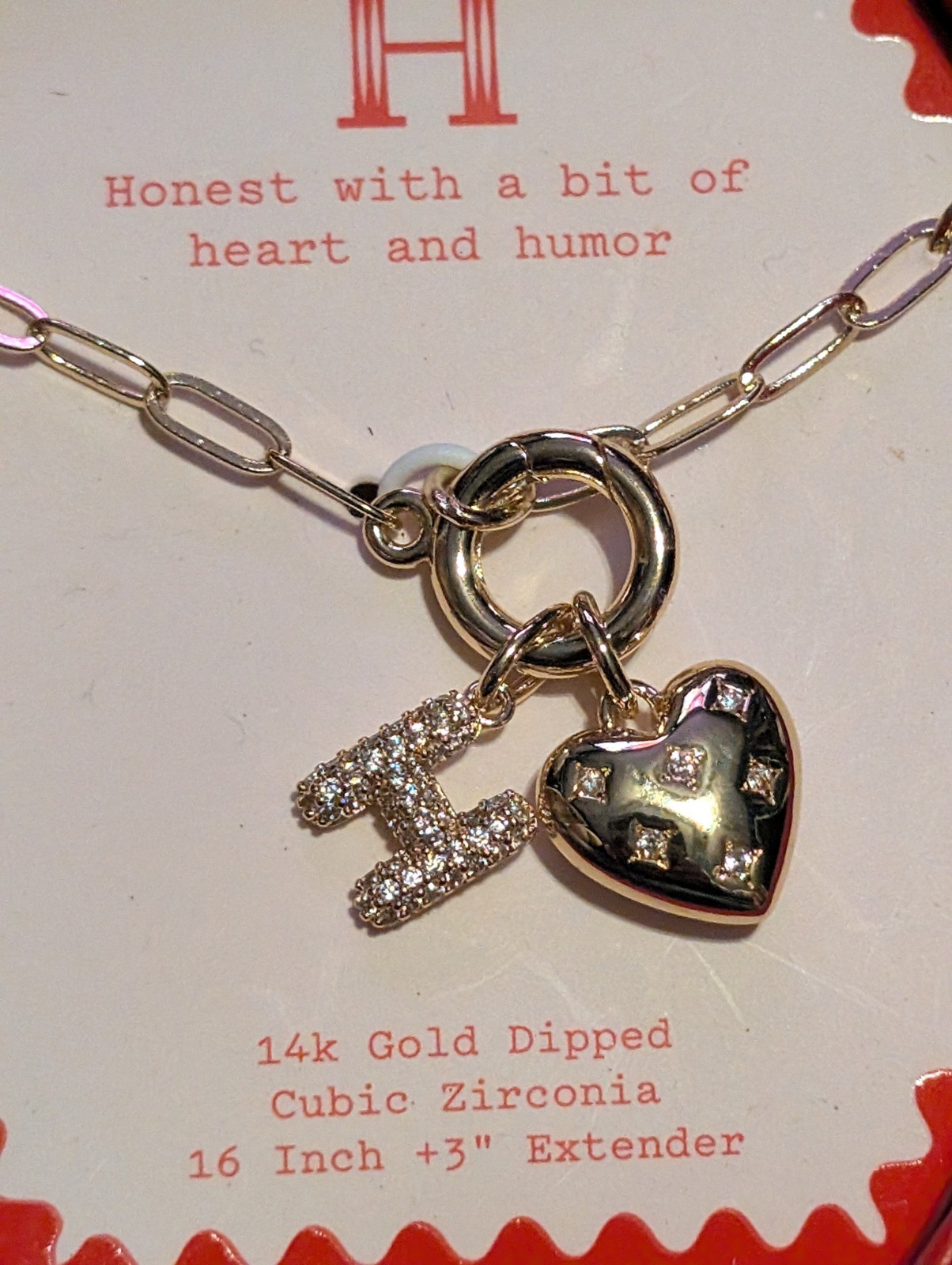 A New Day 14k Gold Dipped Initial H Charm Necklace Heart Cubic Zirconia