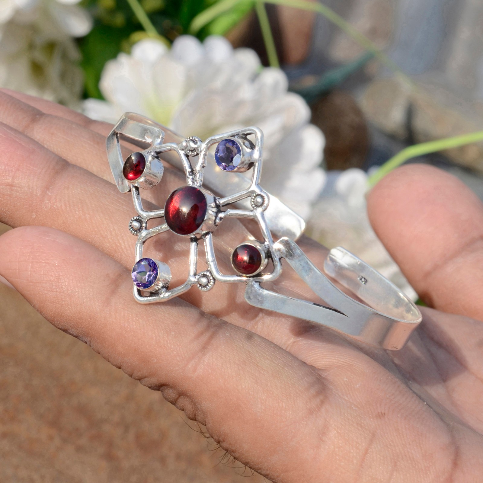 Mozambique Garnet Amethyst Cut Gemstone 925 Sterling Silver Stylish Bangle Cuff