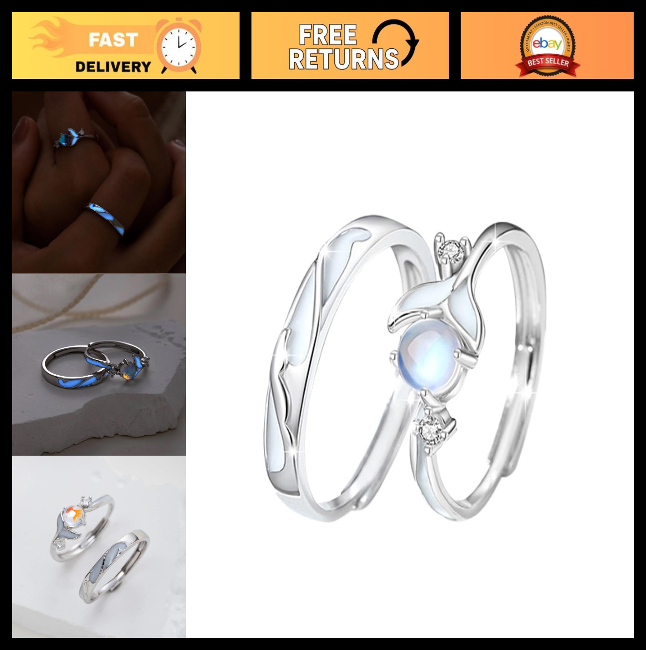 Adjustable Moonstone Silver Promise Rings Set for Couples – Matching Gift for Hi