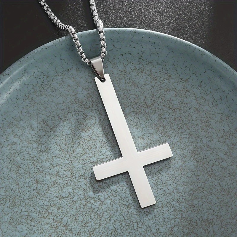 Silver Saint Peter’s Cross Necklace Inverted Stainless Steel Pendant Punk Goth
