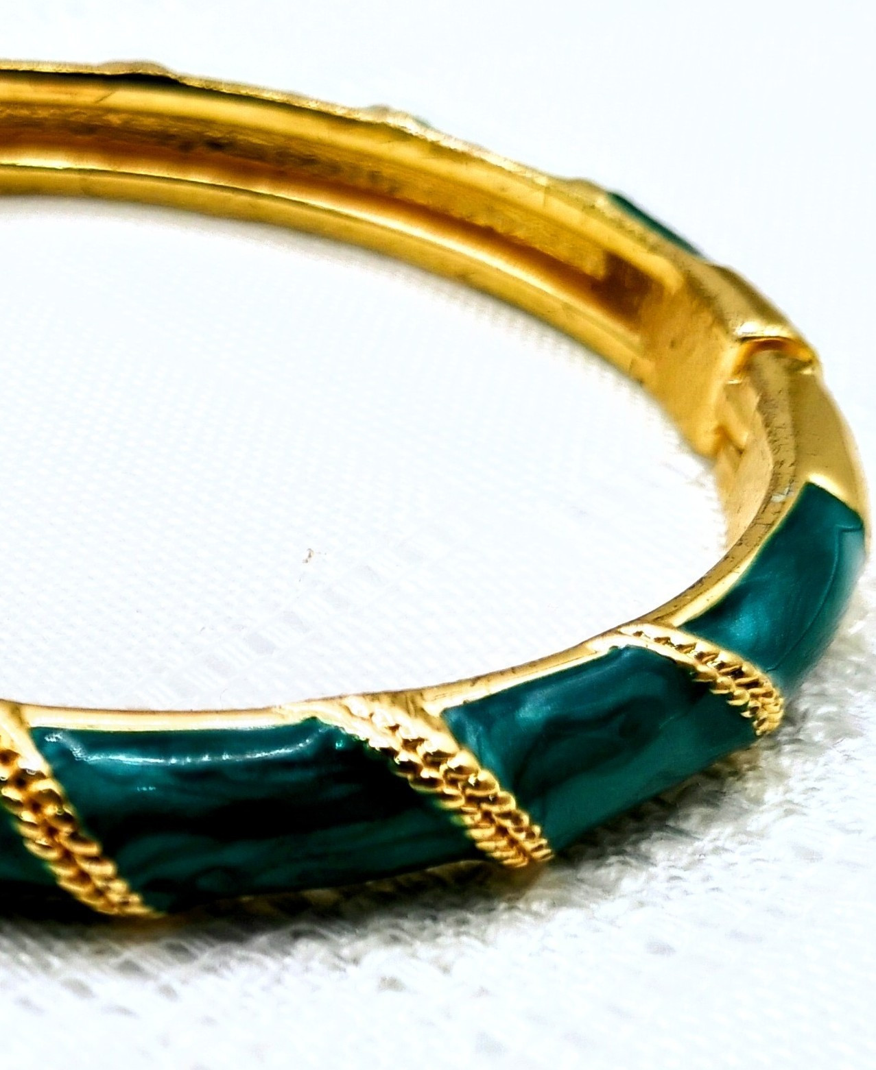 Enamel Bracelets Hinged Green with Gold & Beige W/ Black/ Silver 1970s To 1980s