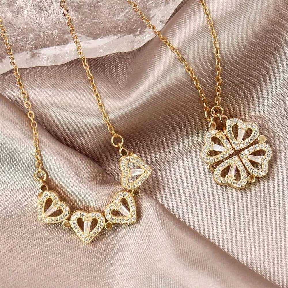 Four Leaf Clover Magnetic Folding Convertible Heart Pendant Necklace