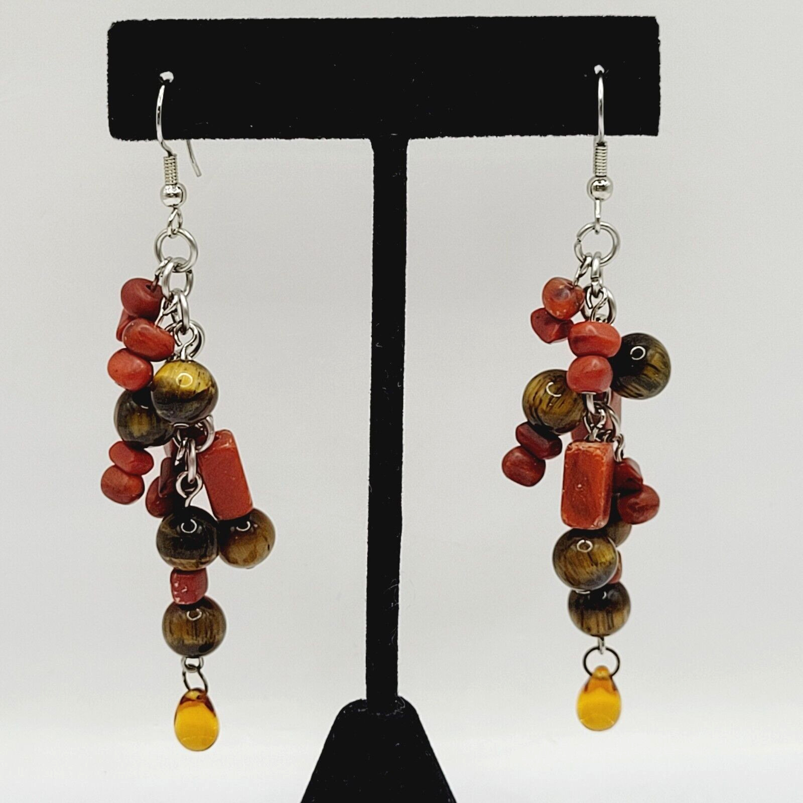 Modern Multi Shape Natural Stone Glass End Long Drop Dangle Hook Pierced Earring