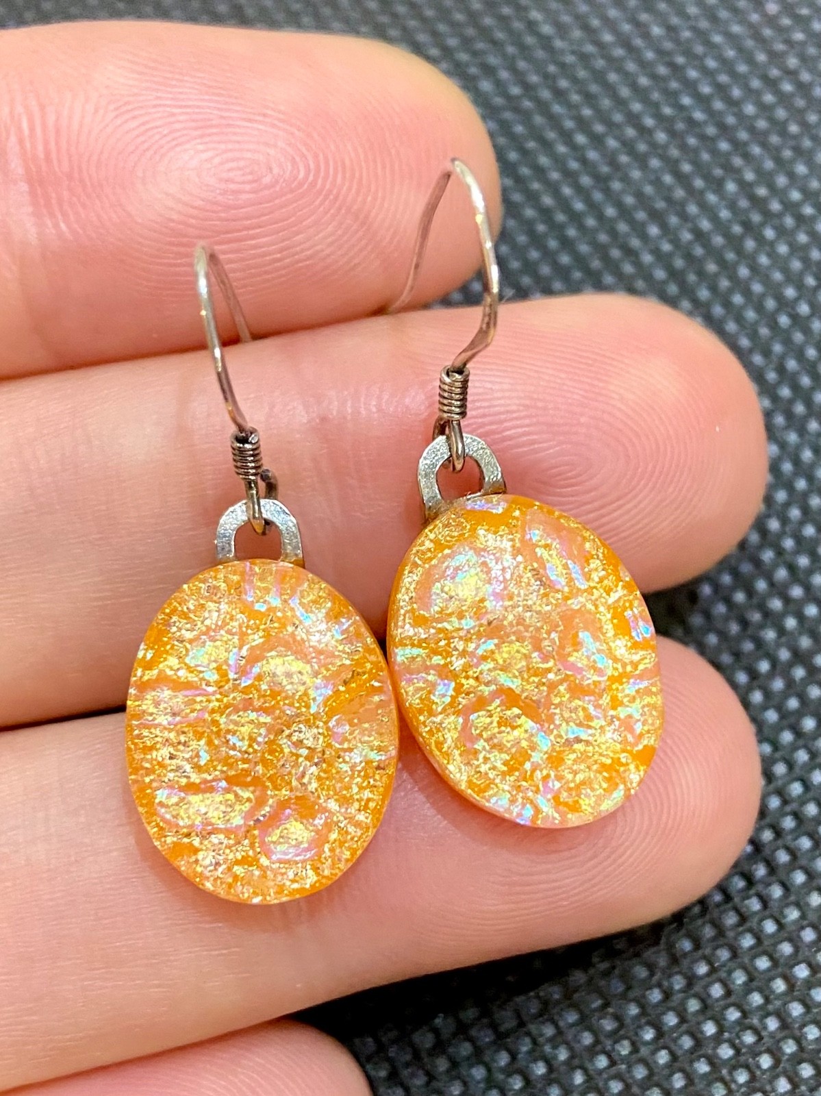 Orange Fused Dichroic Art Glass Dangle Earrings – Sterling Silver Ear Wires