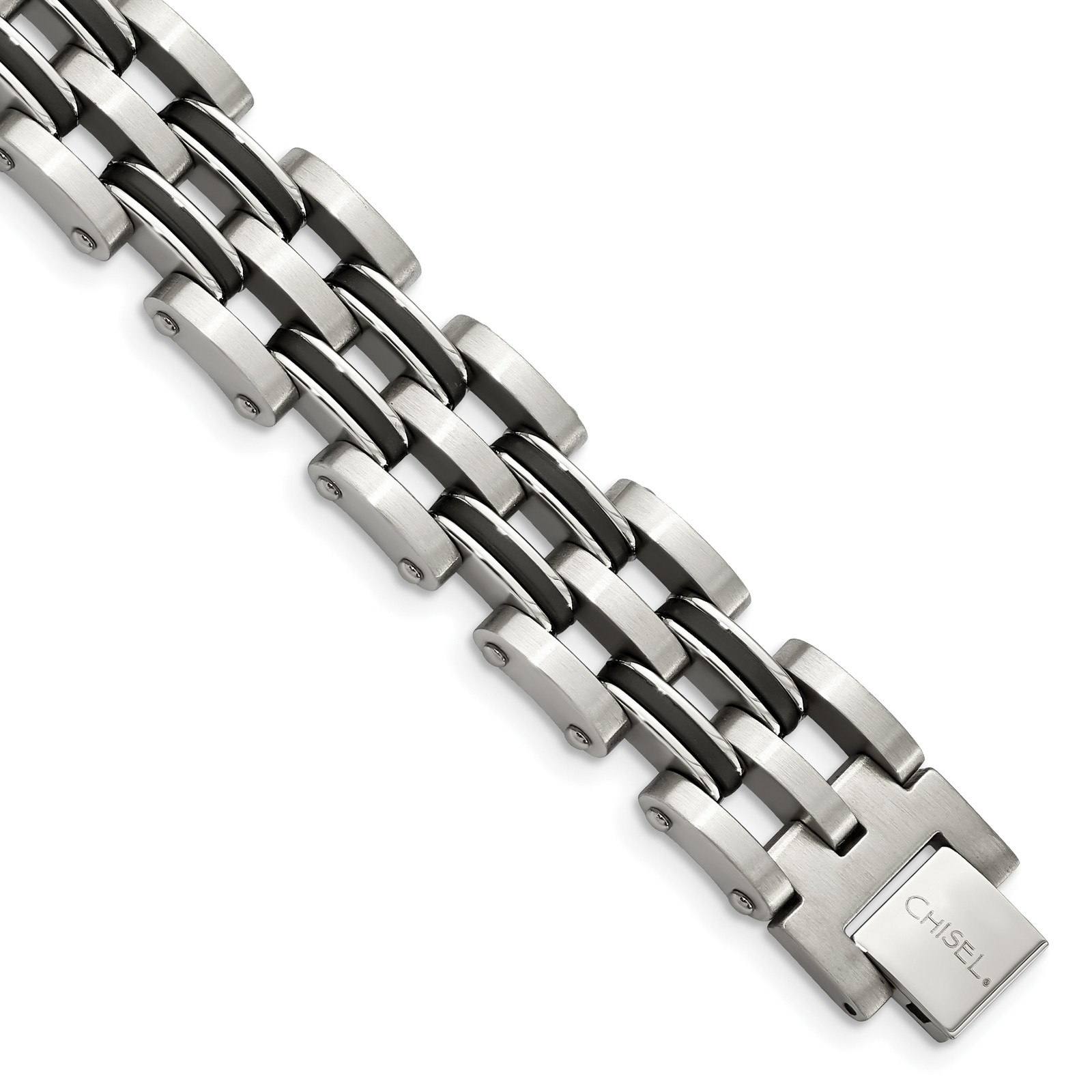 Chisel Stainless Steel Brushed and Polished with Black Rubber 8.75 inch Link Bra