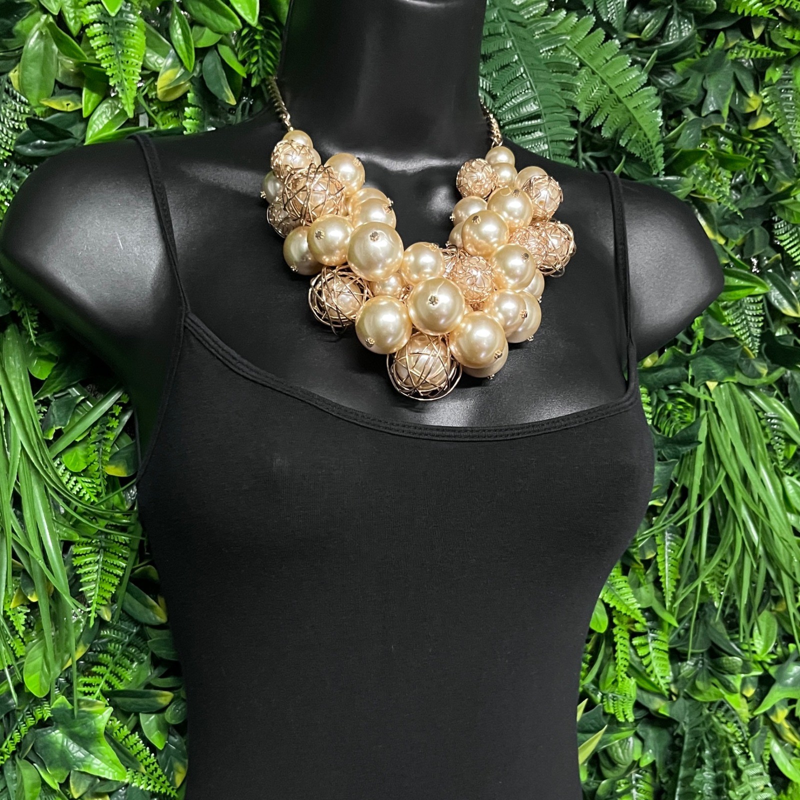 Statement Bib Necklace Gold Tone Champagne Faux Pearl Cluster Wire Cage 3979