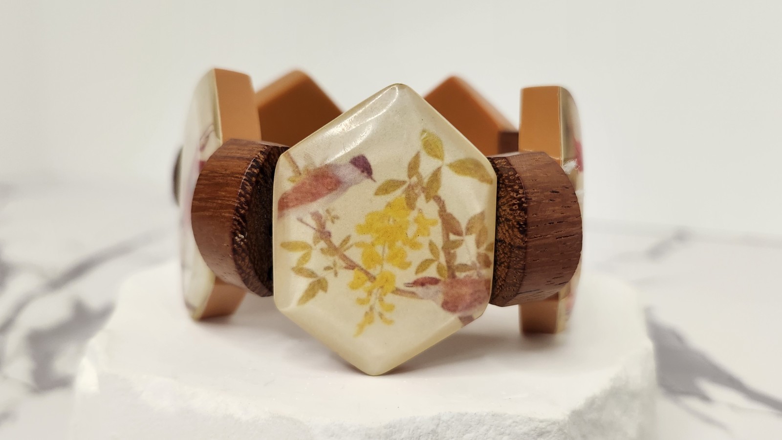 Boho Tropical Wooden Hexagon Tile Bracelet Acrylic Resin Bird Print Statement