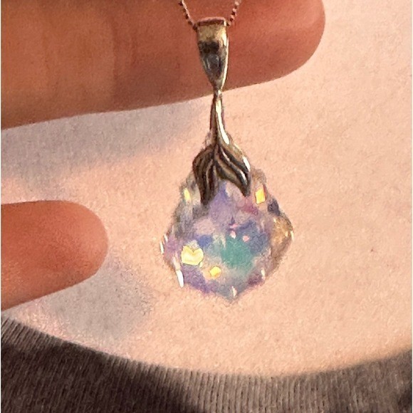 Swarovski Austrian Crystal Aurora Borealis Baroque Pendant 925 Silver Necklace