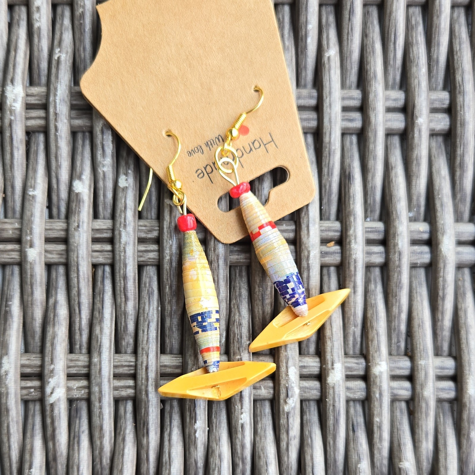 Handcrafted Bohemian Asymmetrical Paper & Plastic Beaded Dangle Earrings 3 in