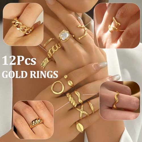 Chunky Stackable Rings Set for Women Non Tarnish Adjustable Open A-12pcs
