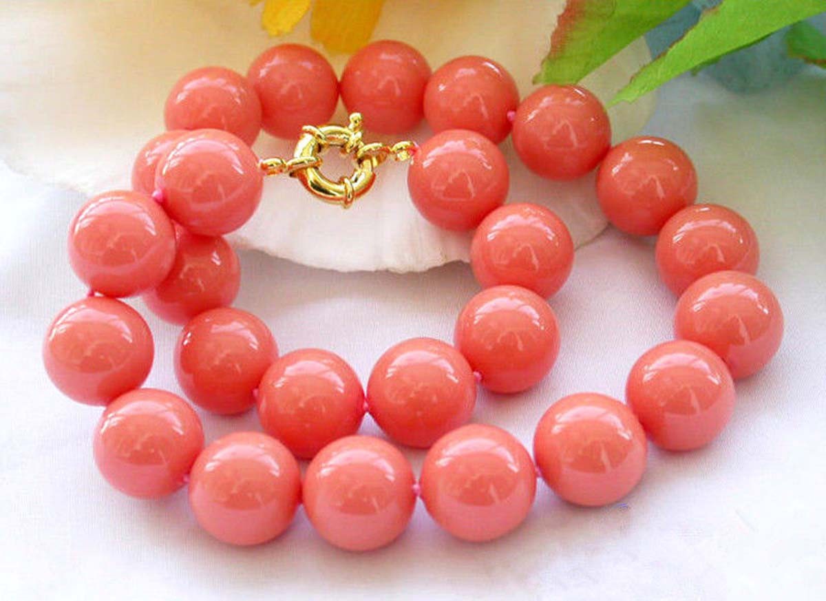 Natural 12mm South Sea Coral Pink Shell Pearl Round Gemstone Necklace 18”