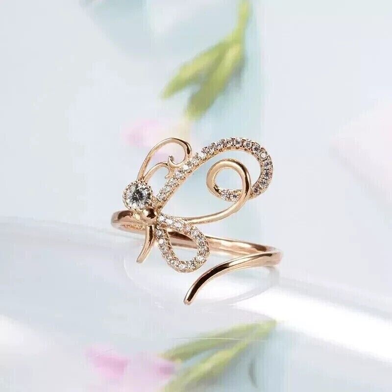 1.50 Ct Round Simulated Diamond Engagement Butterfly Ring 14k Rose Gold Plated