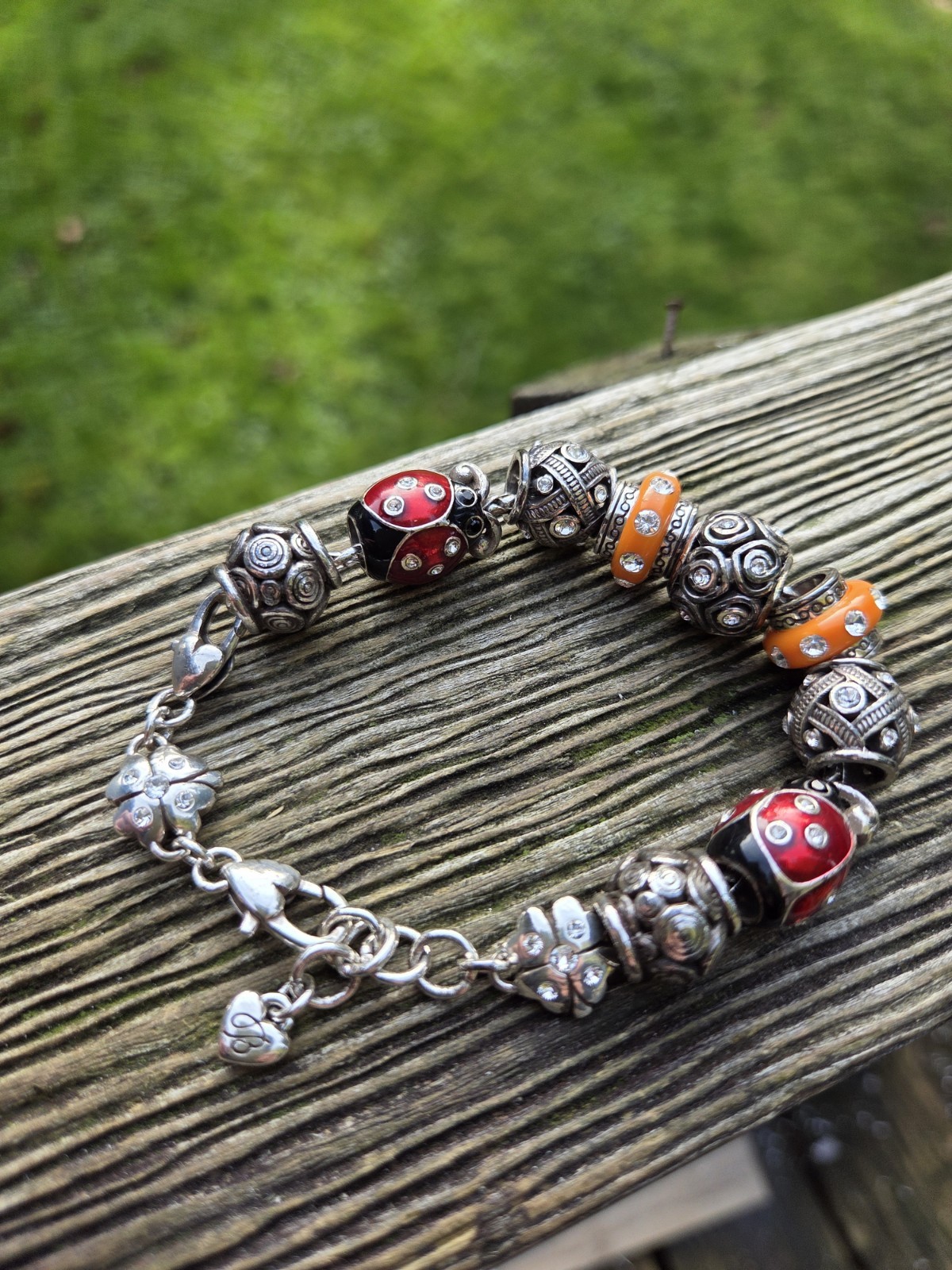Brighton Ladybug Shamrock Charm Bracelet Bead Silver Tone Heart Clover Rare