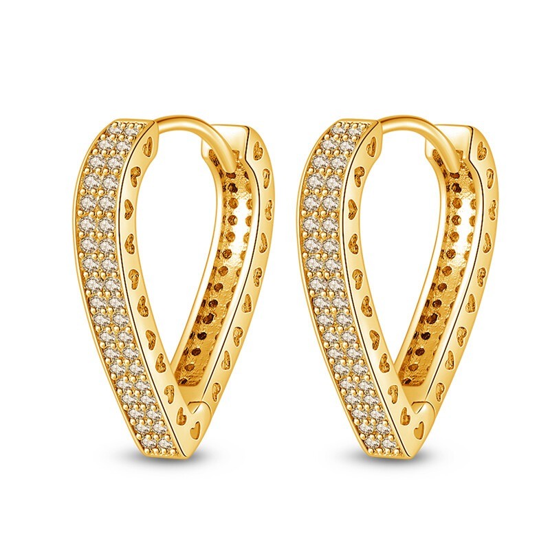 KUNSIR Women 925 Sterling Silver Gold Heart Shape Huggie Hoop Earrings Full CZ