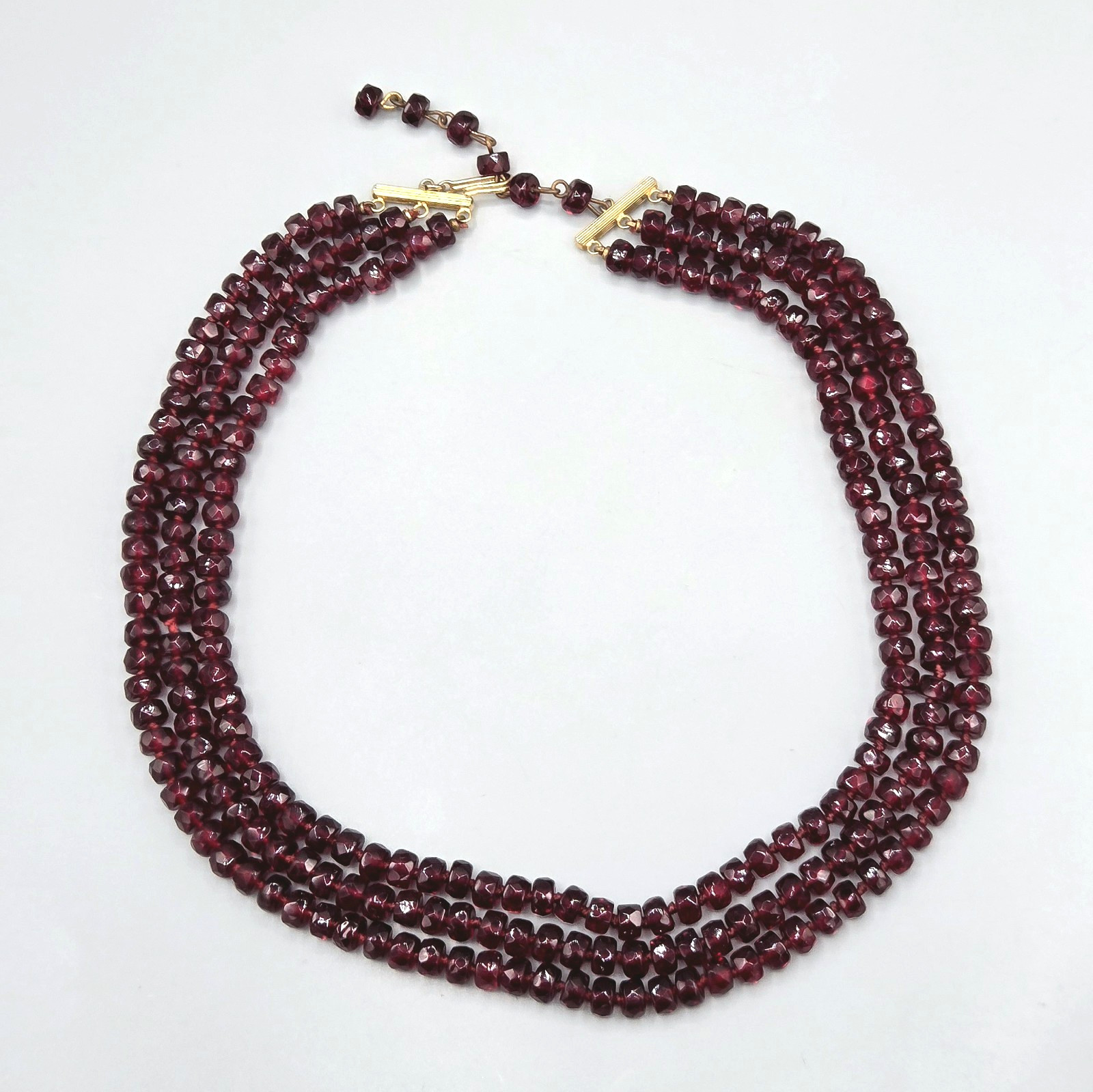 3 Strand Layered Hand Knotted Faceted Rondelle Garnet Glass Bead Necklace 17″