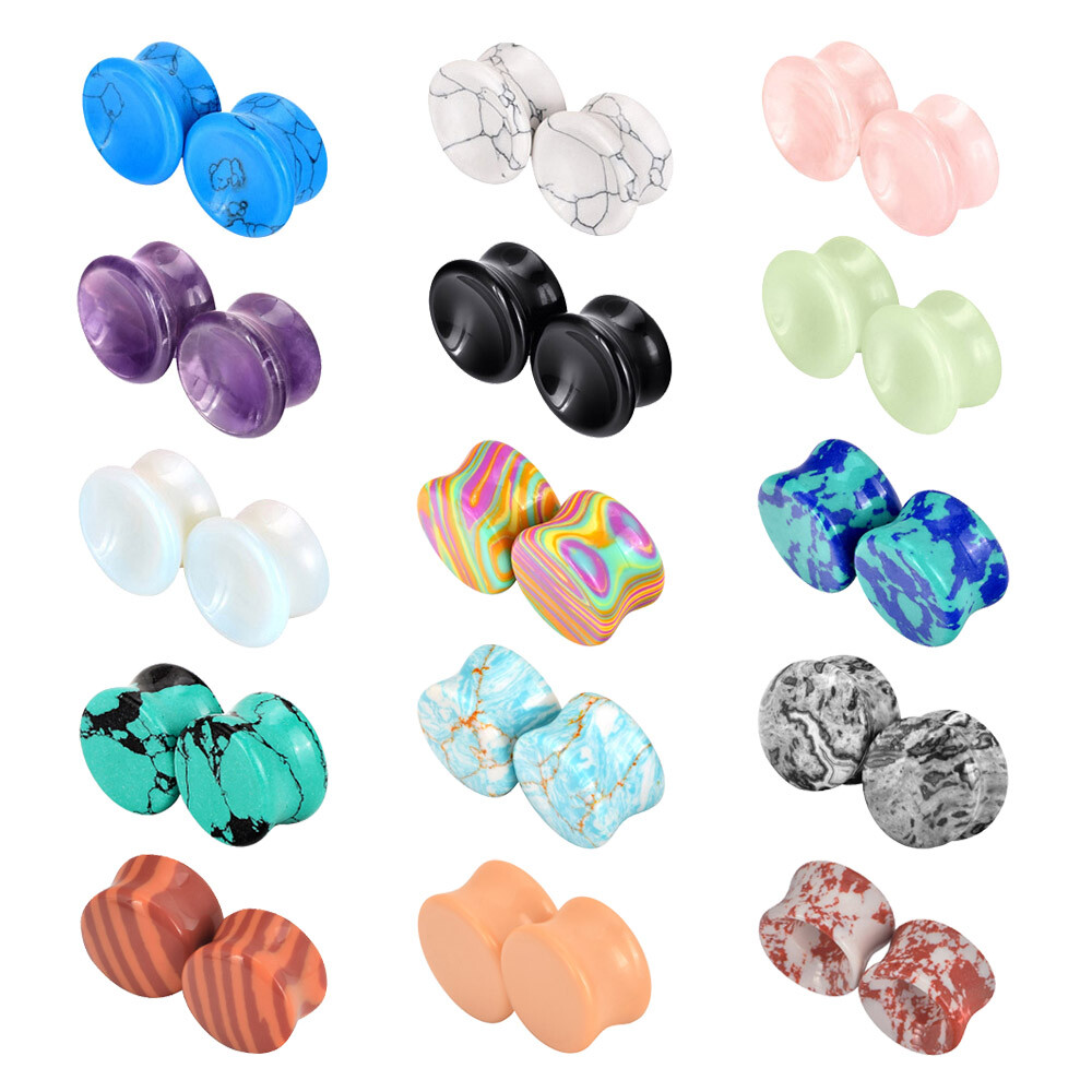 PAIR Ear Gauges Organic Stone Ear Plugs Flesh Tunnels Double Saddle 2G-16MM USA