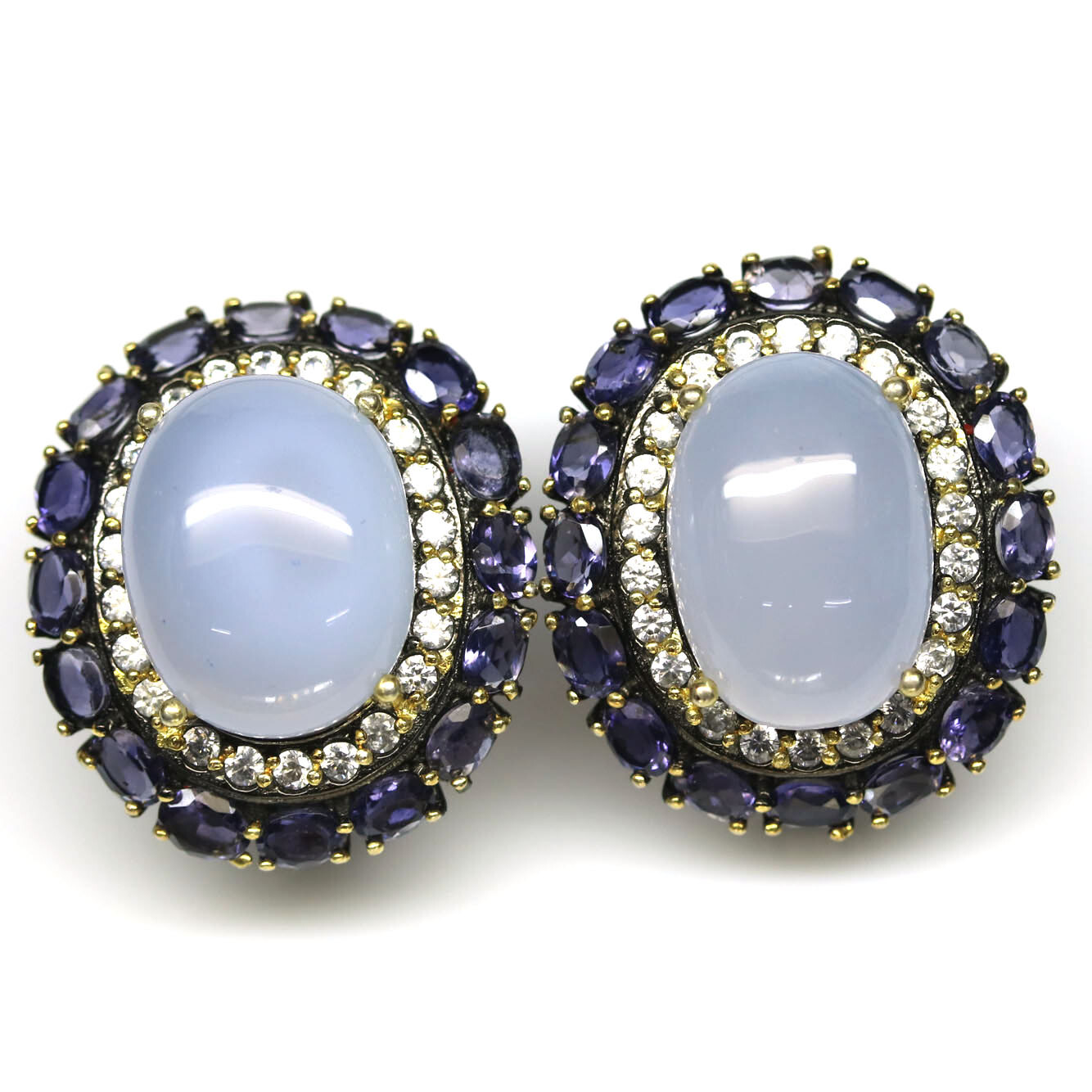 925 Silver 12 x 15 mm. Lavender Chalcedony, Iolite & Zircon Earrings