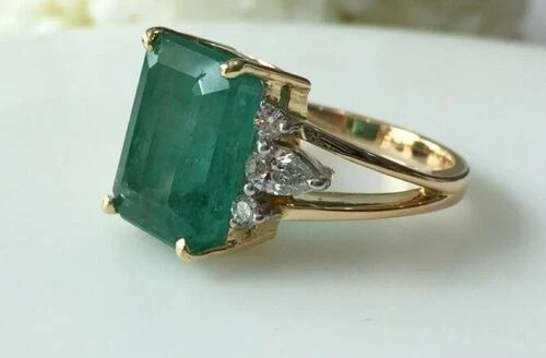5.20 Ct Emerald Cut Natural Emerald & Diamond Wedding Ring 14K Yellow Gold