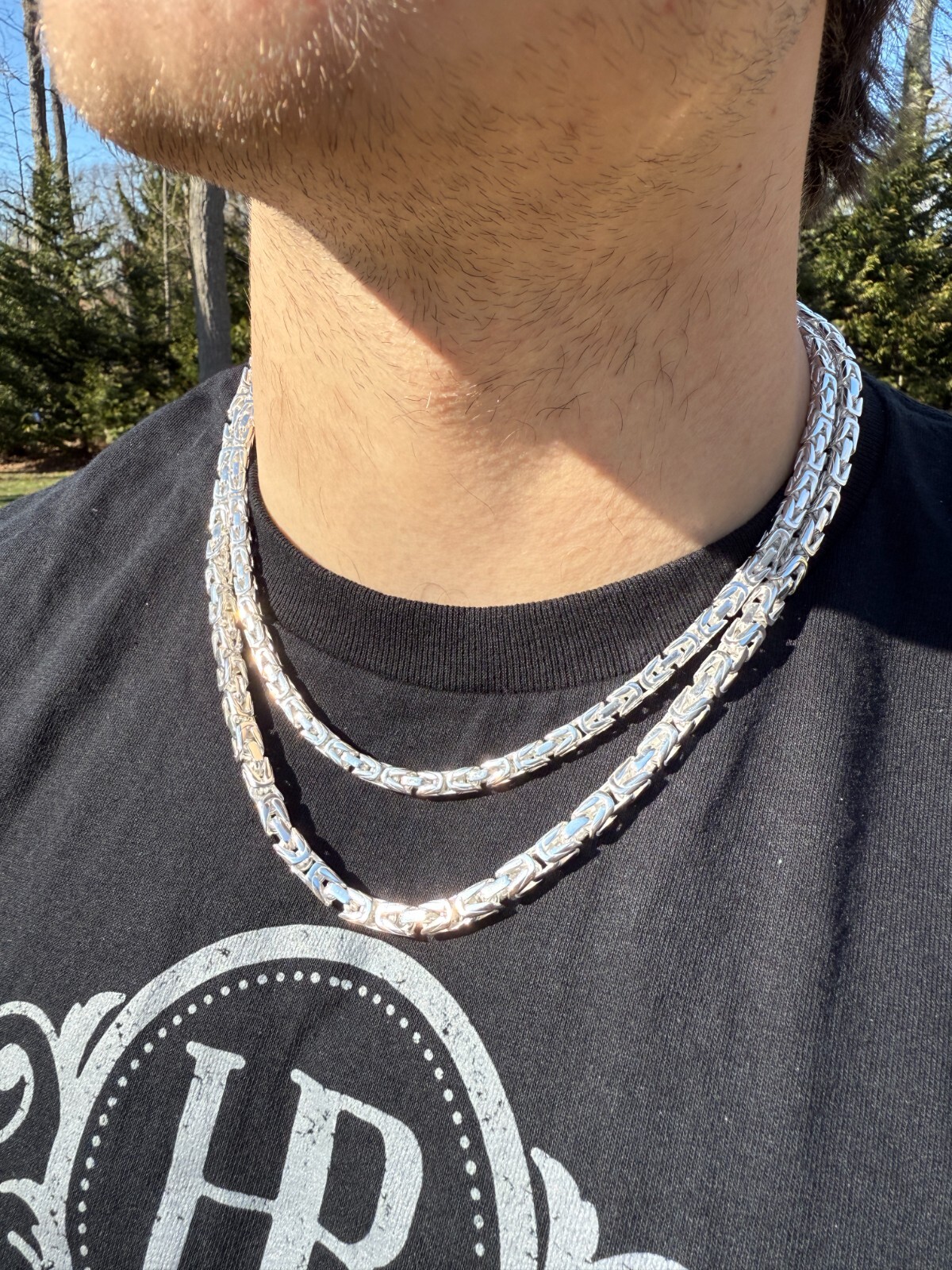 Real Solid 925 Silver Handmade Byzantine Chain Mens Necklace 5mm-10mm Box Clasp