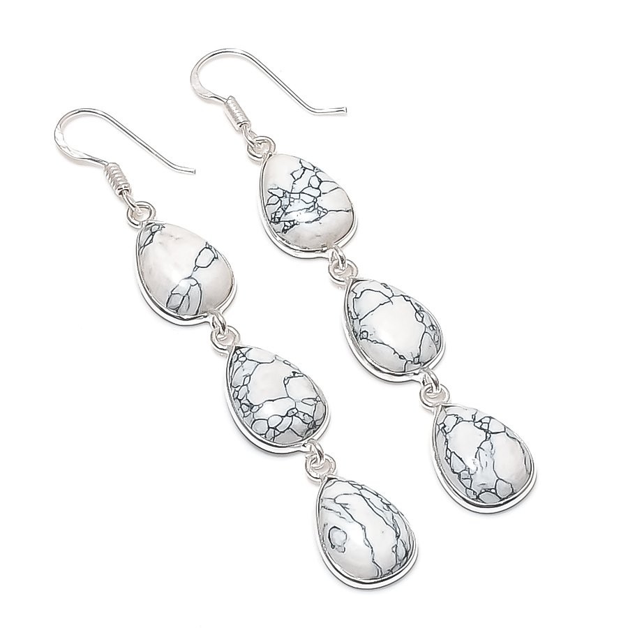 Natural Howlite Handmade Gemstone 925 Sterling Silver Jewelry Earring Size 3″